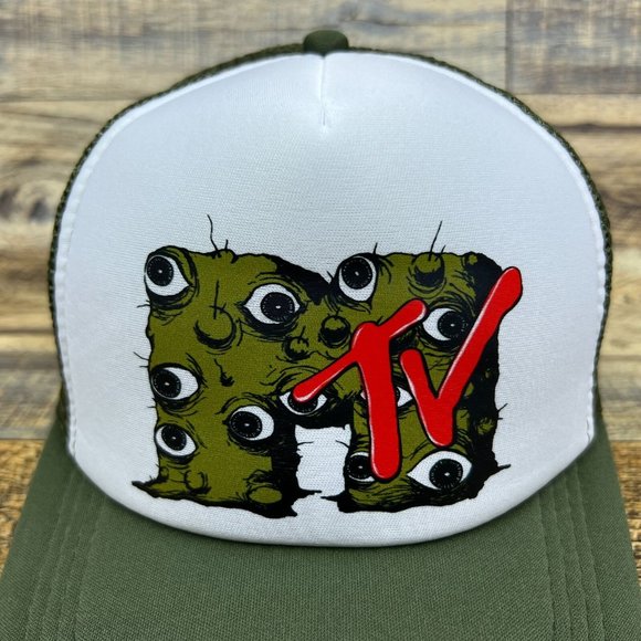 Retro MTV Mens Trucker Hat Green Snapback Eyes 80s Vintage Logo Baseball Cap - Picture 3 of 8